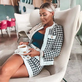 2022 Autumn Women'S Houndstooth Tweed 2 Piece Sets Of Sexy Long-Sleeved Round Neck Button Coat + Short Pencil Skirt Party