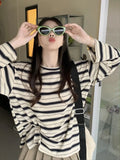Toloer Collar Striped Long-Sleeved T-Shirt Women's Autumn 2024 New Design Feeling Loose Show Thin Casual Students Slit
