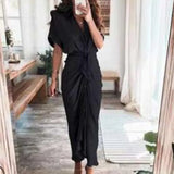 Toloer Women's Autumn New Short Sleeve Temperament Commuter High Waist Print Long