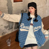 Women's Bomber Jacket Embroidery Printing Patchwork Plaid Baseball Uniform Ladies Fashion Loose Streetwear Tooling Couple