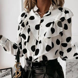 Leopard Dot Print Ruffle Blouse Shirt Spring Long Sleeve Women Shirts Elegant Office Lady V-Neck Button Loose Tops
