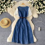 Dress Women's 2025 Summer Dress New Design Collar Bubble Sleeve Splicing Age-Sensitive Fashion Denim Long