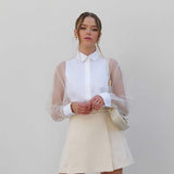 Toloer / Summer 2023 Fashion Shirt Women's Long Sleeve Lapel Organza Patchwork Shirt Top Transparent Sexy Women's Clothes-Outfit