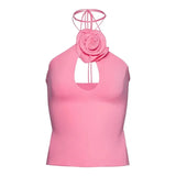 Crop Top 2023 Summer Women 3D Flower Tie Up Halter Neck Sleeveless Backless Vest Slim Fit Shirt 2000s Clothes