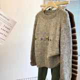 Toloer Horn Buckle Sweater Cardigan Women's Autumn And Winter Korean Loose Lazy Wind Embroidered Jakore Knitwear