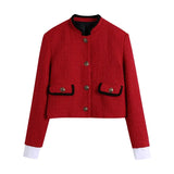 Solid Red Woolen Tweed Blazer Jacket Fashion Autumn Winter Office Ladies Crop Tops Vintage Female Coat Veste Femme Abrigo