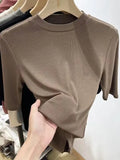 Toloer Wind Advanced Sense Pure Color Half High Collar Five Minutes Sleeve Sleeve T Shirt Female Slim Slim Inside The Bottom Shirt