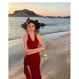 High-End Red V-Neck Hanging Neck Sling Dress Women Feel Forked And Hip Dress Seaside Holiday