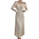 Hepburn Style Advanced Sexy Shoulder Black Long-Sleeved Knitted Dress Women's Autumn Temperament Slim Dress-Outfit