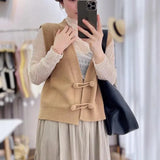 New French Vintage V Neckline Knitted Vest Cardigan With Chinese Style And Fashion Sleeveless Sweater-Outfit