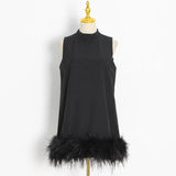 Toloer Design Sense Solid Color A-Line Skirt 2024 Spring Round Collar Sleeveless Hem Ostrich Hair Decoration Loose Dress-Outfit