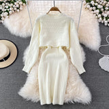 Beading Knitted Women Sets Loose Long Sleeves Sweater+ Solid Elastic Dress French Style Casual Two Piece