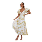 Spring Summer New Temperament Printing Bubble Sleeve High-End Dress