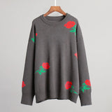 Neck Rose Sweater 2024 Autumn Winter New Female Versatile Loose Color Rose Round Neck Sweater-Outfit