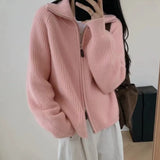Raccoon Velvet Half-High Collar Collar Double Zipper Sweater Coat Women's Autumn And Winter Thick Outer Wearing Knitted Open