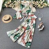 Vacation Beach Two Piece Set Women Sexy V-Neck Bandage Short Tops + High Waist Split Wide Leg Pant Suit Spring