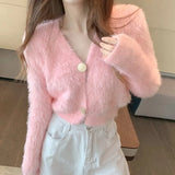 Fur Knit Cardigan Thin Sweater Coat Long Sleeve V-Neck Button Outfit Women Korean Cute Solid Pink White Crop Top