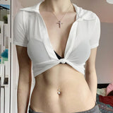 Toloer Girl Lapel Perspective Mesh Shirt Top Spring 2023 New Sexy Short Style With Short Sleeve Thin Shirt-Outfit