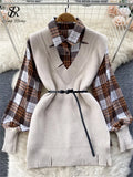2022 Winter Casual Sweater Sets Loose Long Knit Tank Top+Spliced Plaid Blouse Women Retro OL Knitted Two Pieces