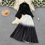 Wrinkled Butterfly Sleeve Gradient With Shawl Short Coat Top + Gradient 100 Folded Skirt Two-Piece