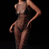 Spring And Summer Explosion Of Women's Net Yarn Beads Perspective Sexy Burqa Long