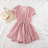 Women Dot Chiffon Rompers short sleeves Korean beach overalls bohemian loose casual summer wide leg pants