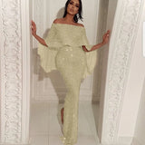 Toloer New Back Big Flounce Wrapped Chest One-Word Shoulder Dress Blingbling Wrap Buttock Slit Evening Dress-Outfit