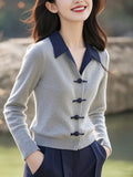 Toloer Chinese Style Gray Polo Collar Knitted Shirt Autumn Women 2025 New Small Small Small