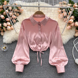 Women Korean Satin Blouse Turndown-Collar Puff Sleeve Single Breasted Slim Top Autumn Fashion Streetwear Short