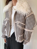 2022 Autumn Winter Faux Lamb Fur Sheepskin Coat Plaid Granular Sheep Shearing Jacket Female Casual Warm