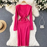 Women Knitted Pencil Dress Korean Long Sleeve V Neck Elastic Slim Dress Autumn Winter Sexy Bodycon Warm Sweater