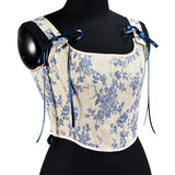French Orchid Print With Fish Bone Corset Short Vest Bustier Crop Early Spring