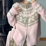 Pink Jacquard Bow Knitted Cardigan-Outfit