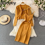 Botton Knitted Women Sets Loose Long Sleeves Cardigan+ Solid Elastic Dress French Style Casual Two Piece