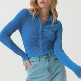 2021 Slim Ruched Ladies Sparkle Shirts Women Sexy Fashion Clothing Button Up Collar Glitter Shirt Long Sleeve Cropped
