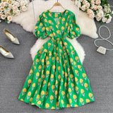 Summer Korean Version Of Gentle Temperament V-Collar Bubble Sleeves Waist A Large Pendulum Broken Flower Dress Elegant Dress-Outfit