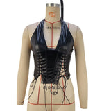 Toloer Women's Fashion PU Leather Hanging Neck Sexy Straps Tight Waist Small Vest Women's Wear-Outfit