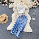 Women Two 2 Piece Set Sexy One Shoulder Crop Top+High Waist Button-up Denim Skirts Korean Office Lady Sleeveless