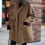 Women Woolen Double Breasted Long Trend Coat Za Autumn Winter Casual Long Sleeve Overcoat Loose Vintage Fashion Outwear