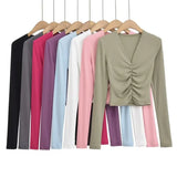 Fashion Women's Fashion Spring New Sexy Spice Girl Slim And Thin T-Shirt With V-Collar Pleated Long Sleeves-Outfit