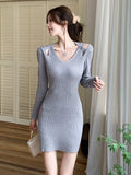 New Autumn 2024 V-Collar Hanging Neck Long-Sleeved Knitted Dress Shows A Slim Figure And A Bottom-Bagged Hip Dress.-Outfit