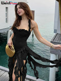 Y2K Halter Party Dress Women Backless Chic Irregular Tassel Hem Summer Sexy Birthday Party Split Midnight Club Bodycon-Outfit