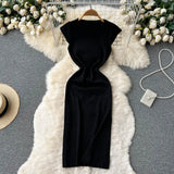 Women Korean Style Knitted Dress 2022 Summer O Neck Solid Short Sleeves Slim Ladies Sexy A Line Long