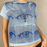 Harajuku Eyes Print T-shirt Long Sleeve Women Crop Top Y2K Aesthetic Sweats Tess Gothic Punk Style Tshirt