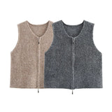 Collar Double Zipper Knitted Vest Vest 2025 Spring Loose Short Sweater Cardigan