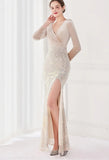 Winter Elegant Velvet With Sequins Deep V Neck Long Sleeve Slit Cocktail Eevening