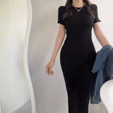Toloer Chic Summer French Elegant Temperament Slim Thin Long Short Sleeve Wrapped Hip Knit Dress Woman-Outfit