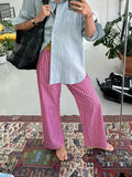 Women's Y2K Retro Vintage Casual Striped/Solid Long Pants Button Elastic High Waist Aesthetic Loose Straight Trousers-Outfit