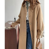 Korean Winter 2021 Handmade Single Breasted Double Faced Lacing Belt Long 100% Wool Coat Women Loose Woolen Oversized