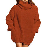 Toloer And Winter New Fashion Long Sleeve High Collar Pocket Long Dress Loose Sweater
